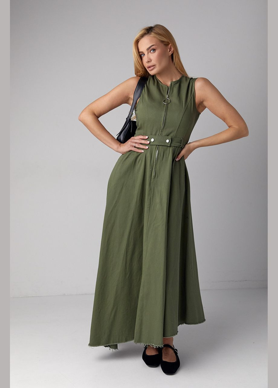 Оливкова (хакі) сукня максі з блискавкою та асиметричним подолом Lurex