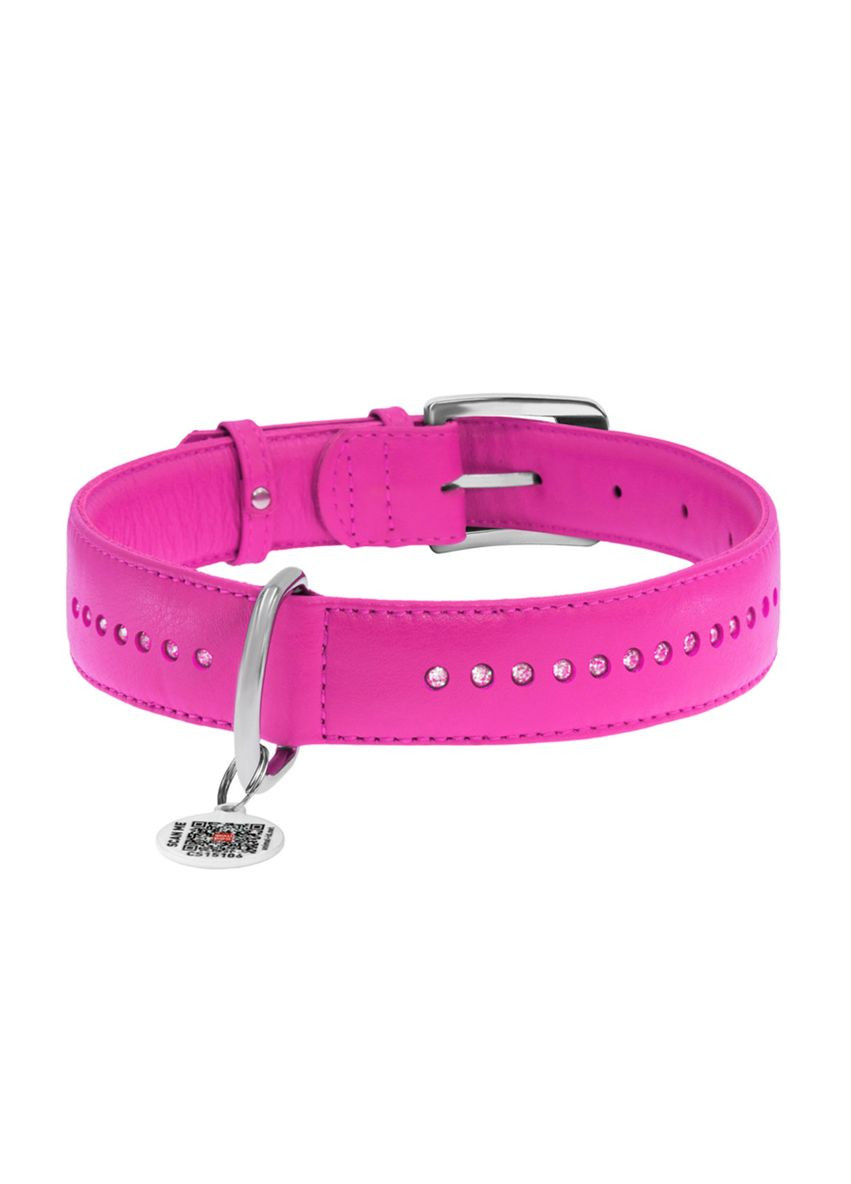 Ошейник для собак кожаный Glamour с QR паспортом, двойной со стразами, M, Ш 20 мм, Дл 30-39 см розовый WAUDOG (332880992)