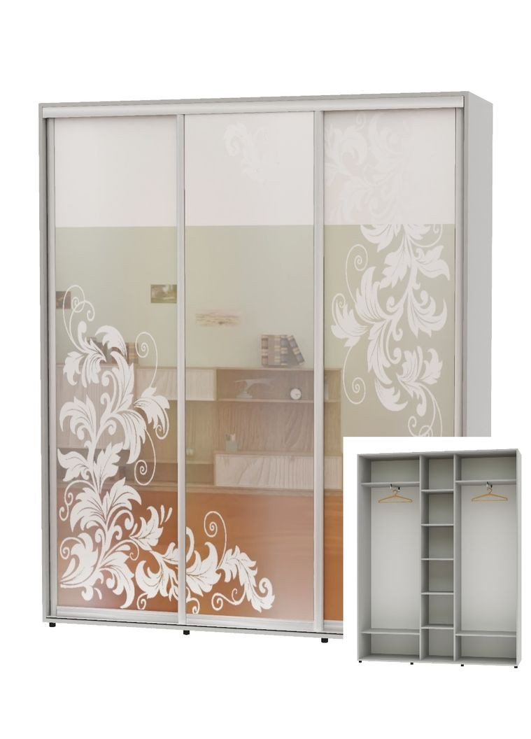 Шафа-купе тридверна 200*45*220 Сірий Дзеркало з піскострумним малюнком ШК-04 Алекса (360456552)