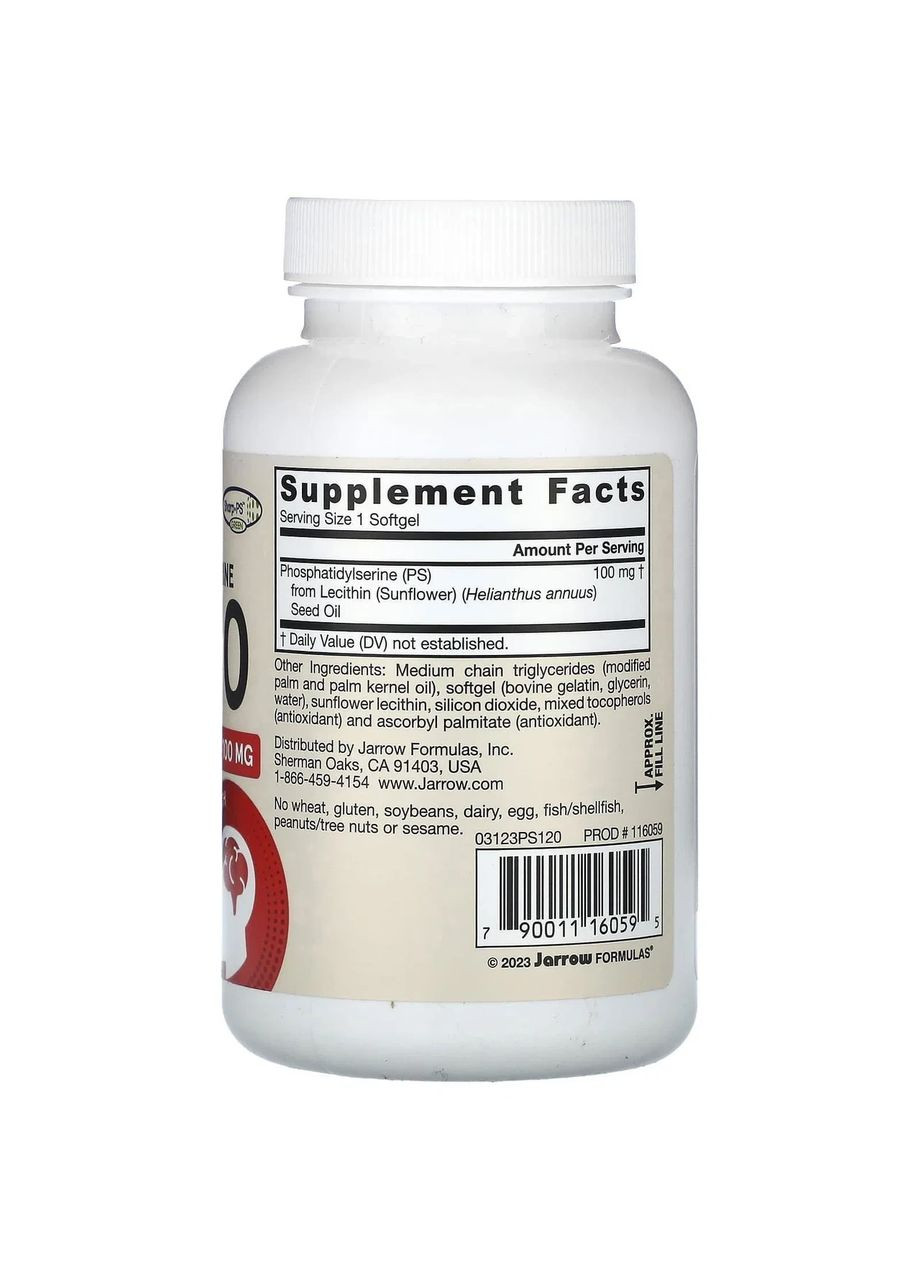Фосфатидилсерин PS 100 Phosphatidylserine, 100 мг, 120 капсул Jarrow Formulas (361113945)