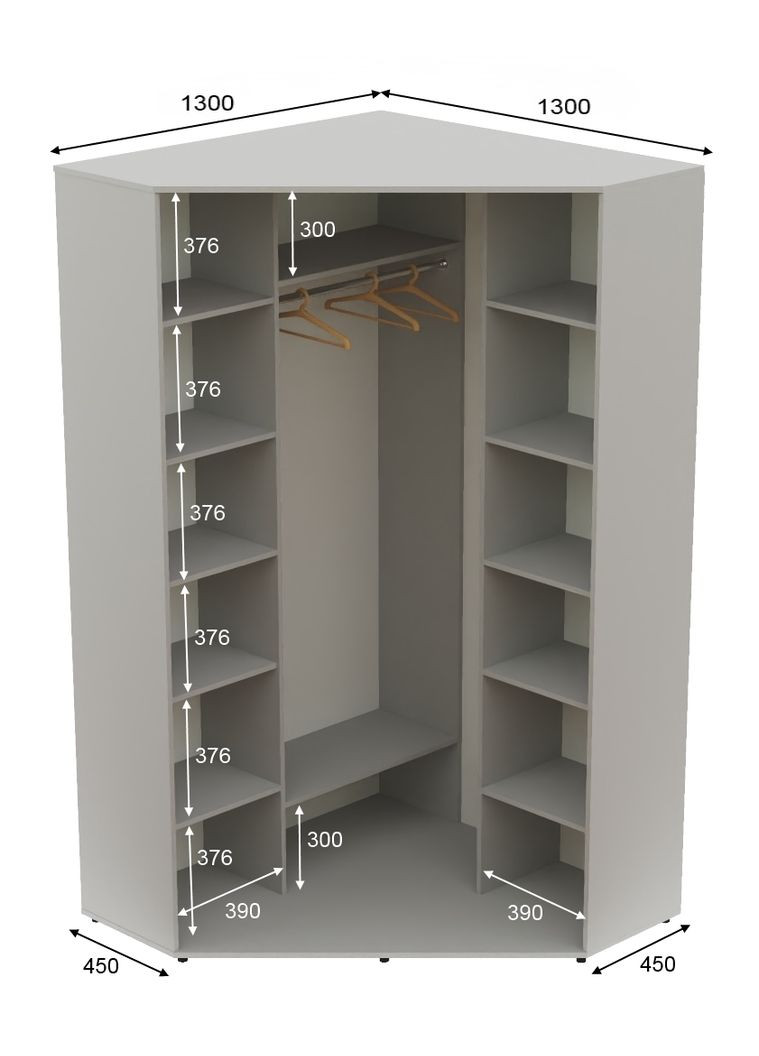 Шкаф-купе двухдверный угловой 130*130*230 Серый 2 двери Зеркало Угол-3 Алекса (360443410)