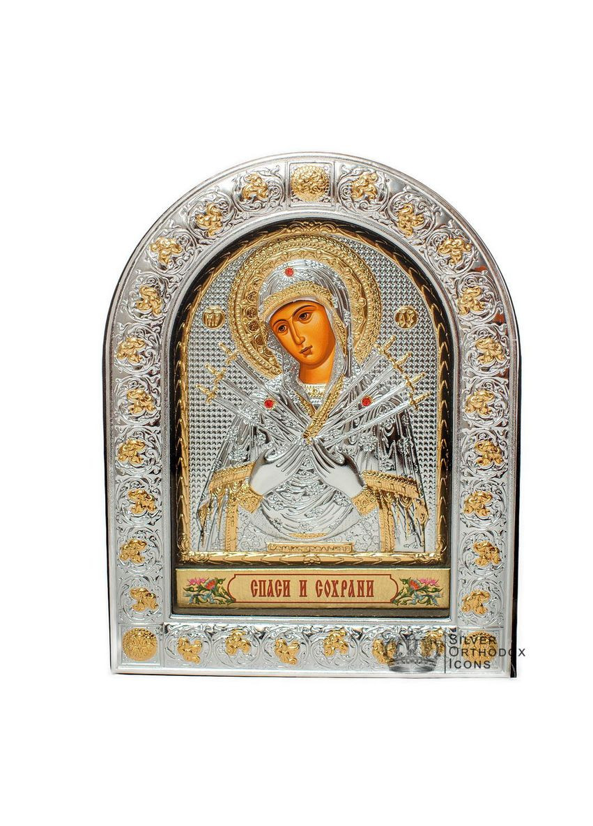 Серебряная Икона Семистрельная Божья Матерь 16,5х21,5см в арочном киоте под стеклом Silver Axion (266266106)