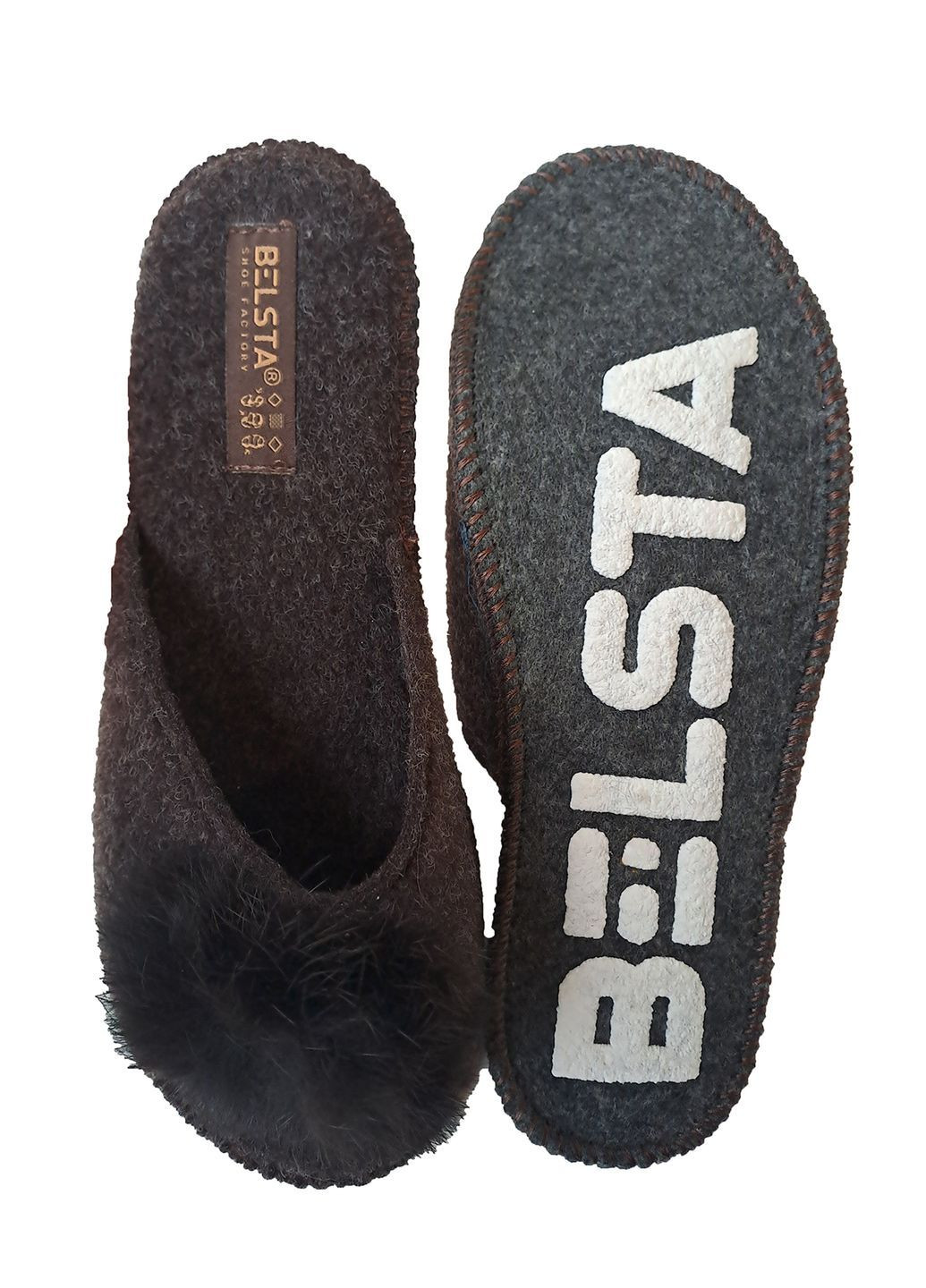 Коричневые тапочки бесшумные открытые паркетные Белста с помпонами