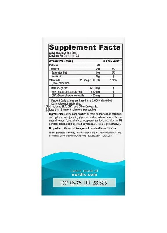 Омега-3 и витамин D3, 1280 мг и 25 мкг (1000 МЕ), вкус лимона, Ultimate Omega-3D,, 60 гелевых капсул Nordic Naturals (373313481)