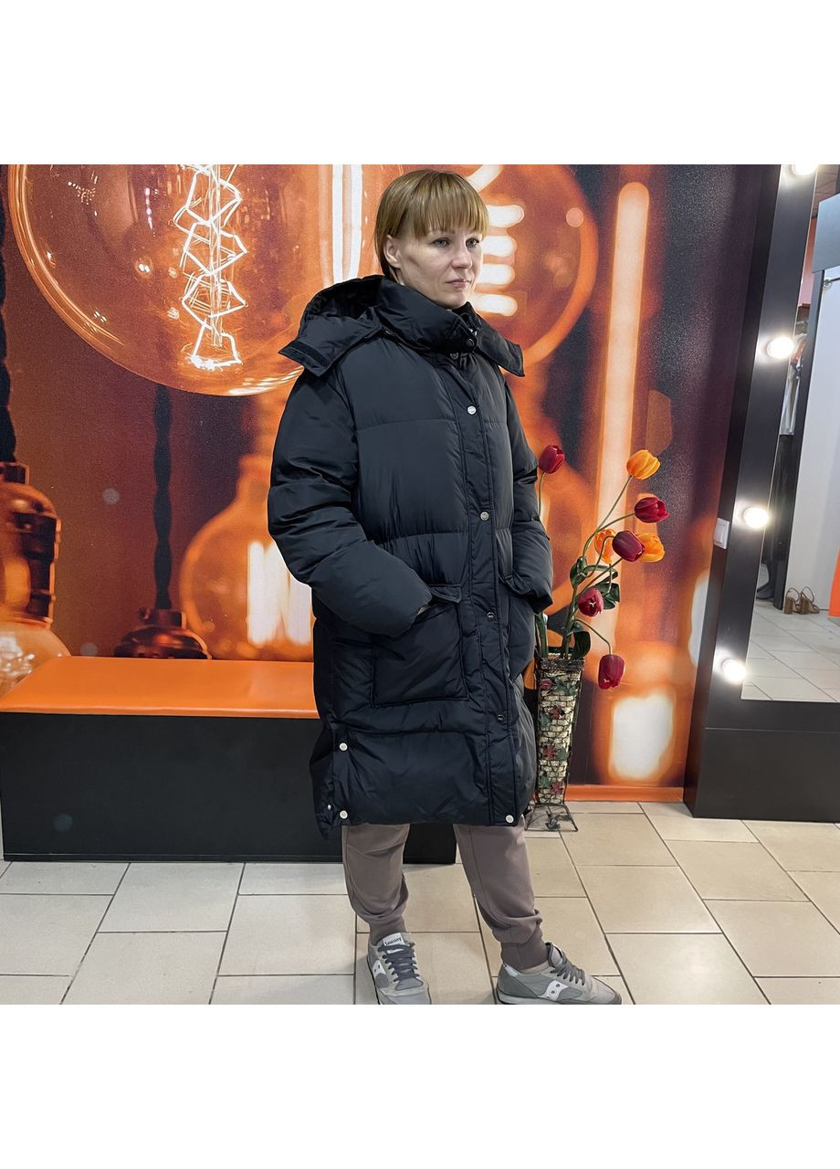 Черная зимняя куртка женская пуховик длинная плотная зимняя плащевка 46 черная TRG