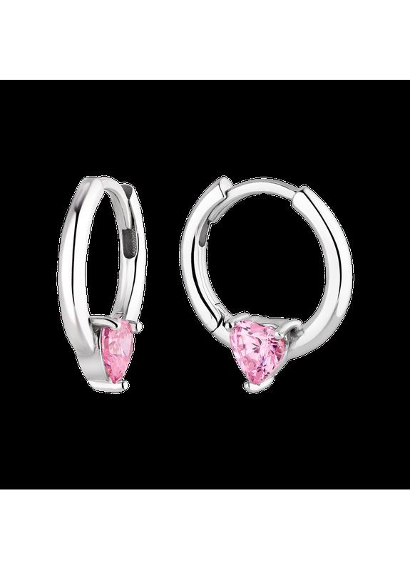 Срібні сережки колечка конго тонкі з рожевими фіанітами у формі серця Каштан (342335484)