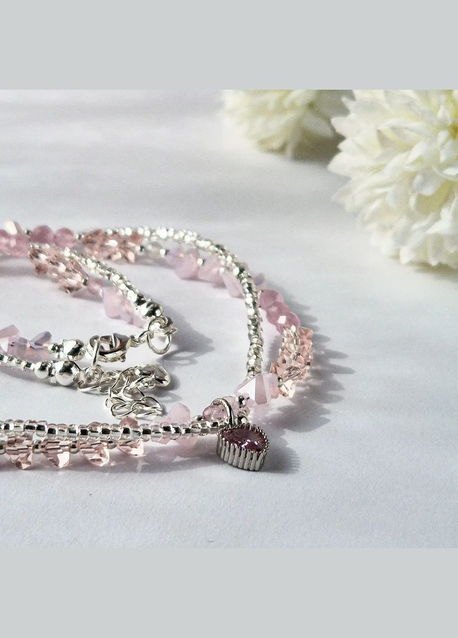 Чокер Чешский Хрусталь, Кошачий Глаз розовый, Бисер +подвеска Сердце, фур-ра гип-ный сплав d-6х4мм+- L-38-43см No Brand кошачий глаз латунь, стекло, медицинский сплав серебро (334350409)