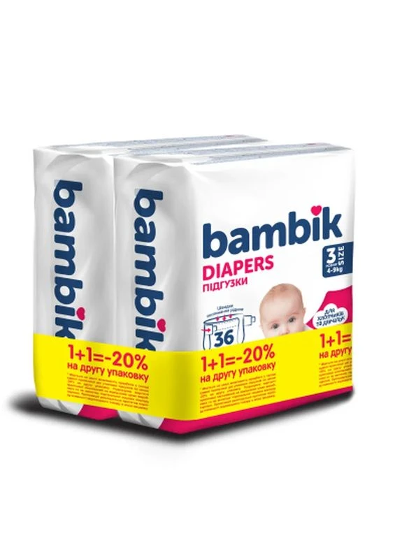 Підгузки Medium 4-9 кг Розмір 3 Midi 2 х 36 шт (4823071664027) Bambik (400440850)