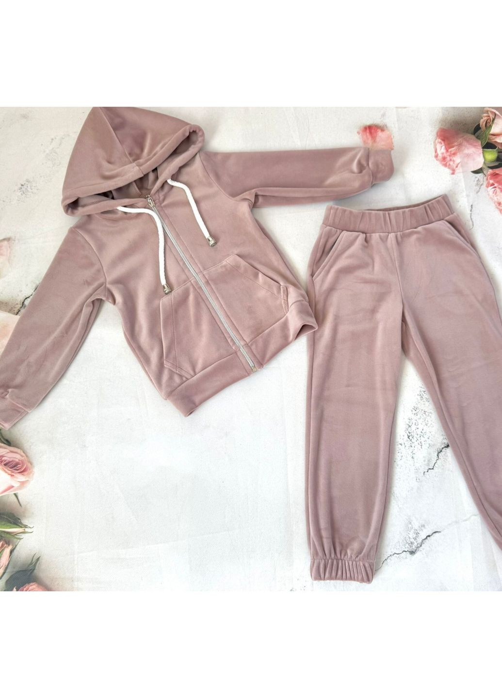 Бежевий демісезонний костюм велюровий для дівчинки (кофта та штани) denchik (dn-8526) Деньчик