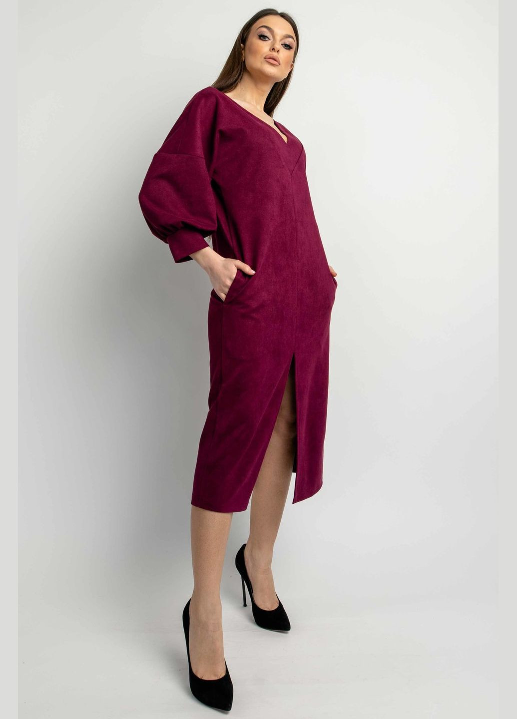 Бордовое повседневный платье с v-образной горловиной и пышными рукавами из твилла (пл 01) RiMari