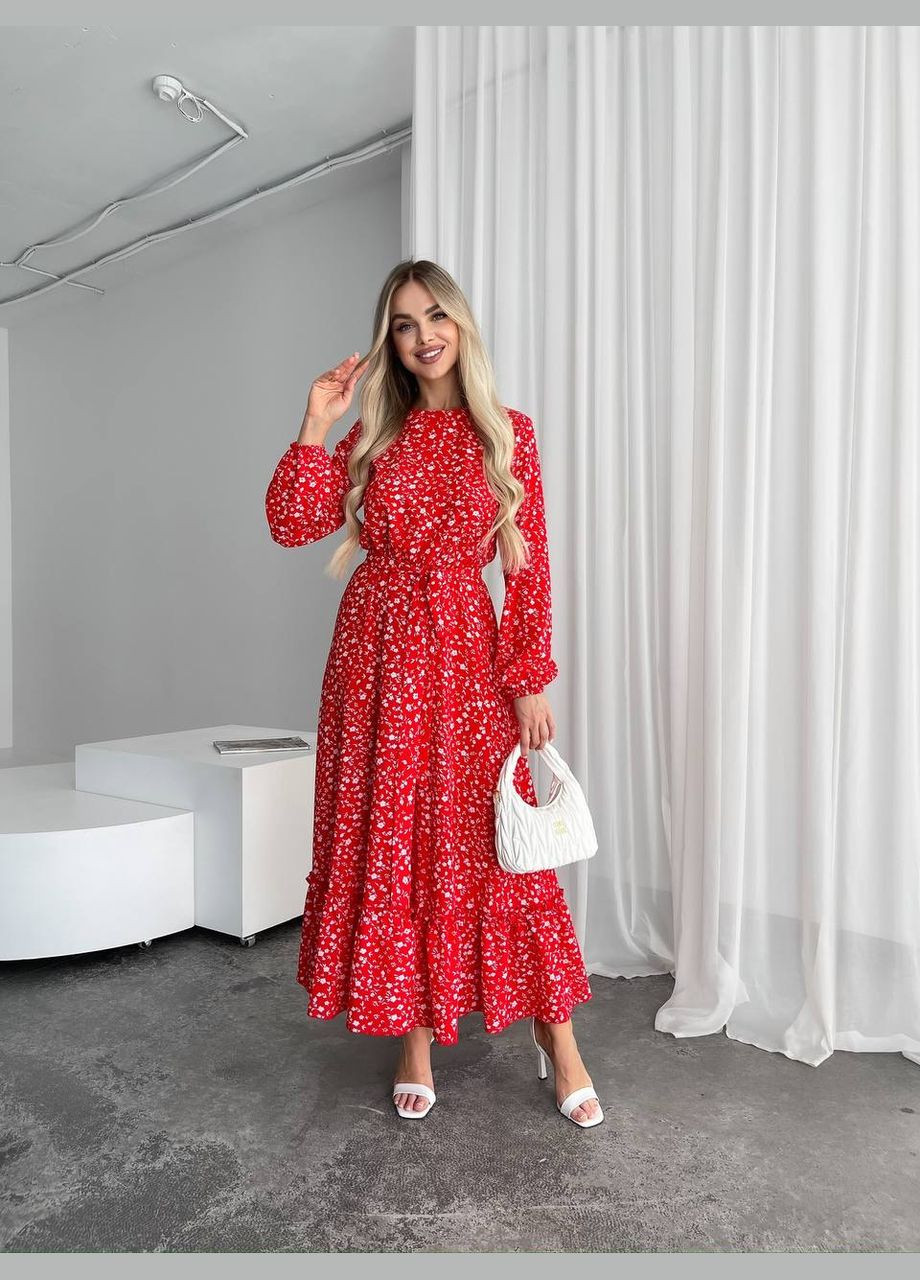 Красное кэжуал женское легкое платье миди клеш Україна с цветочным принтом