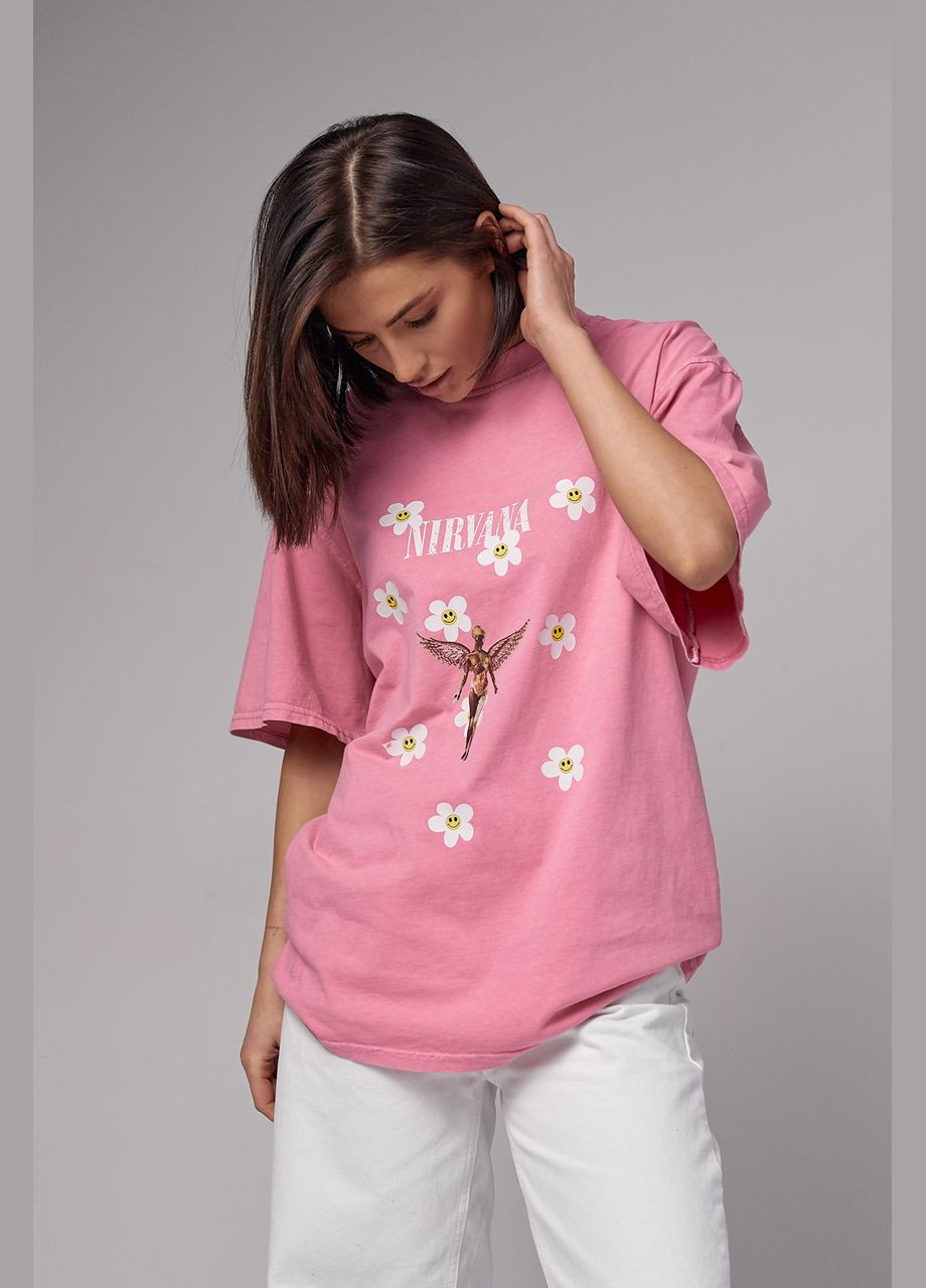 Розовая летняя футболка tie-dye с принтом nirvana 13451 с коротким рукавом Lurex
