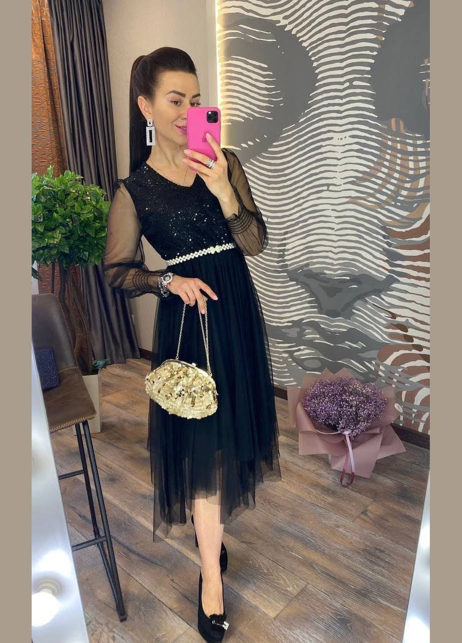 Черное вечернее праздничное платье-миди черного цвета с поясом-жемчужками с юбкой-солнце No Brand