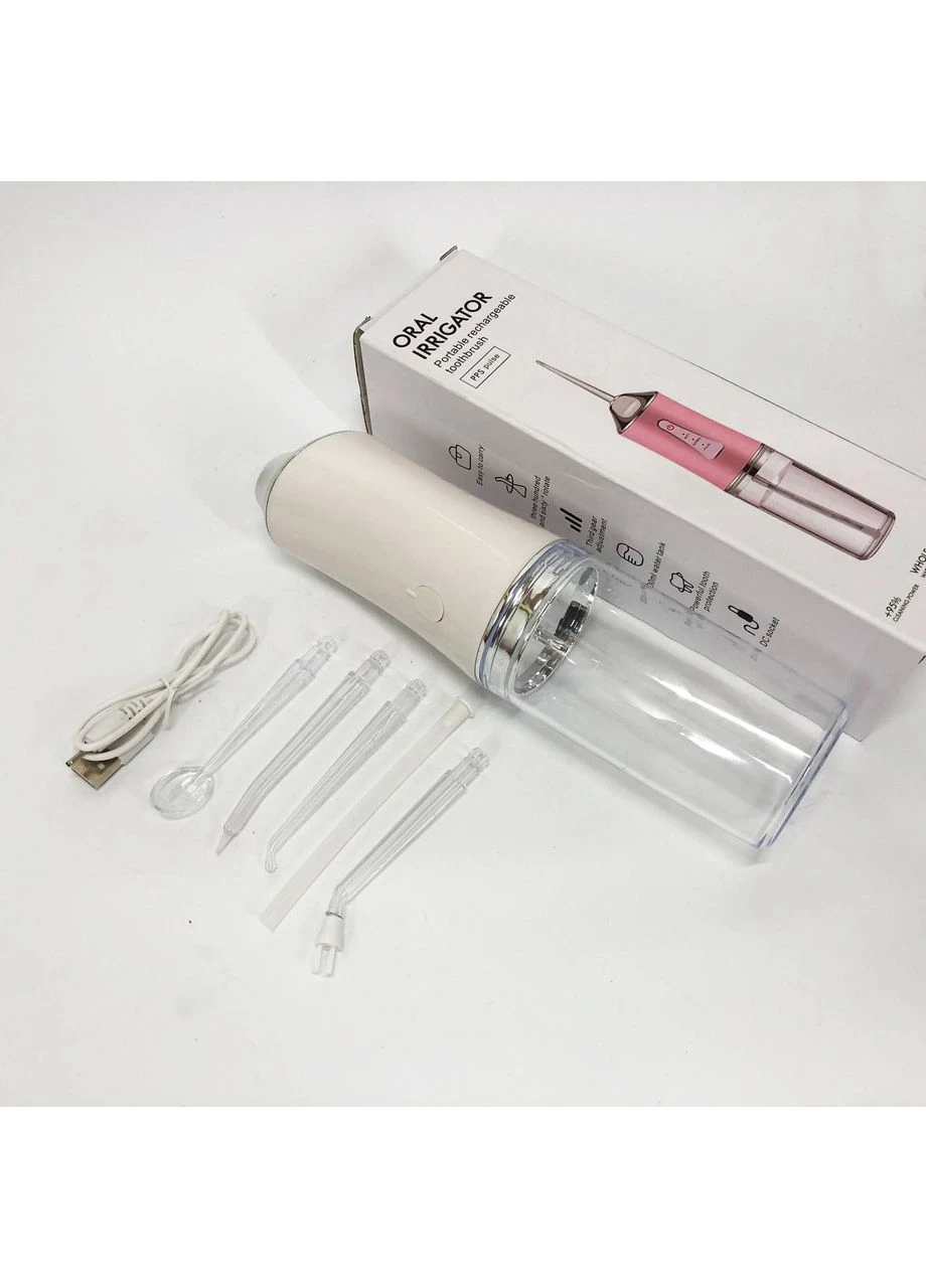 Іригатор для чищення зубів та порожнини рота Oral Irrigator з акумулятором та змінними насадками. Колір: білий Portable (351485878)