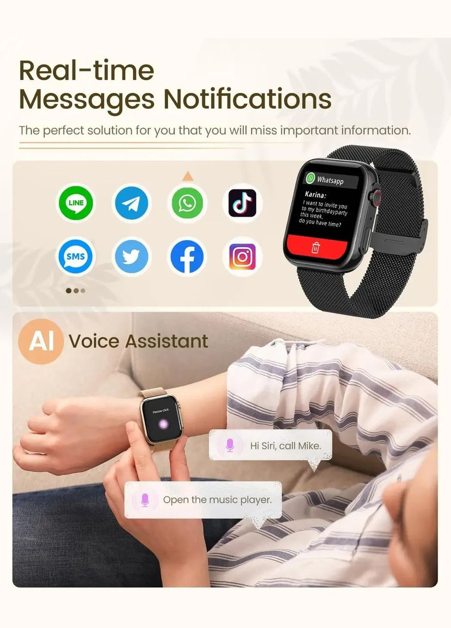 Смарт-годинник, Ultra HD екран, Bluetooth дзвінки, з двома ремінцями, Black Melanda (305059889)