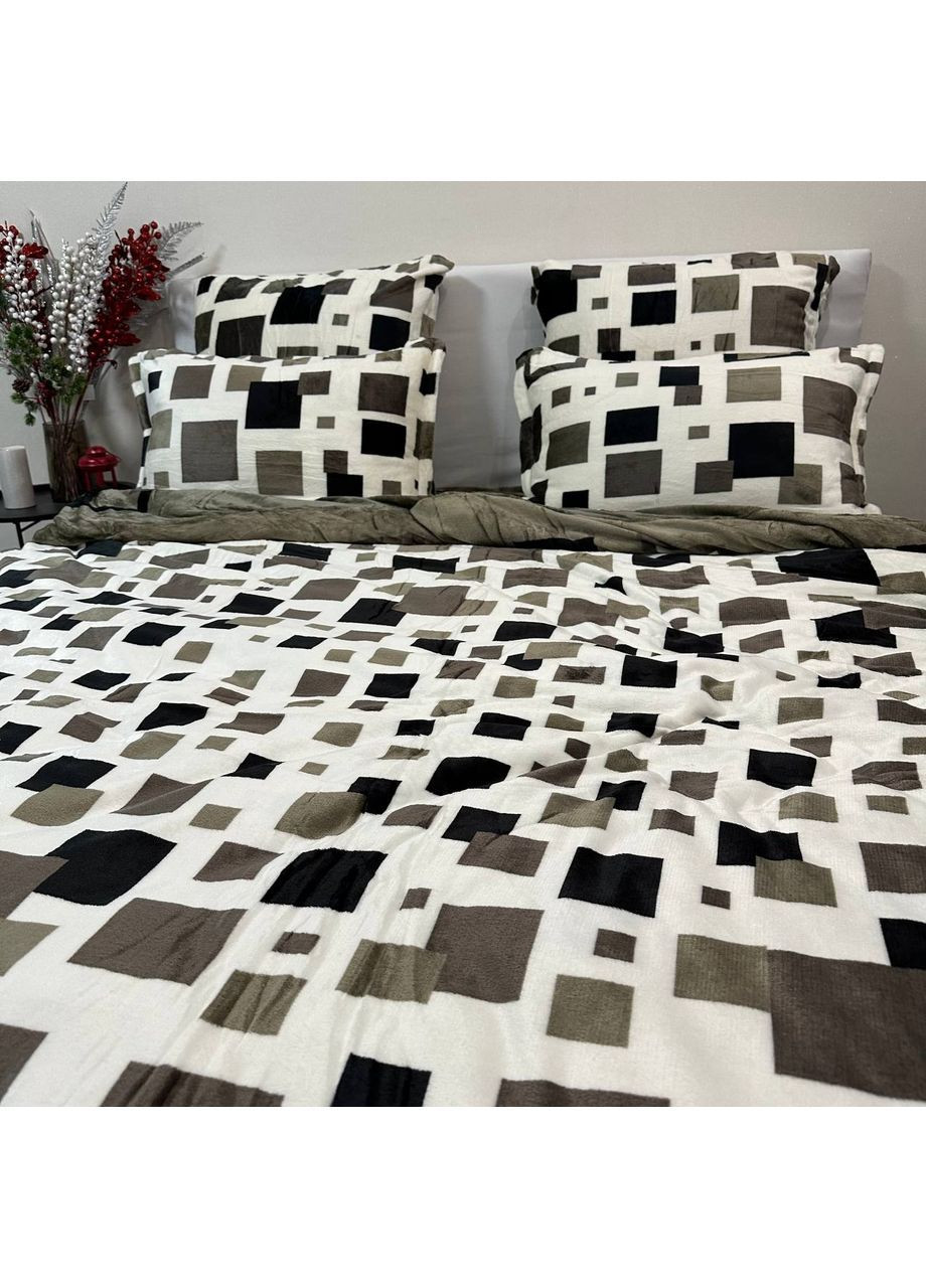 Комплект постельного белья велюр Евро пододеяльник 200×230 см + 4 наволочка молочно-оливкового цвета с рисунком No Brand (362211410)