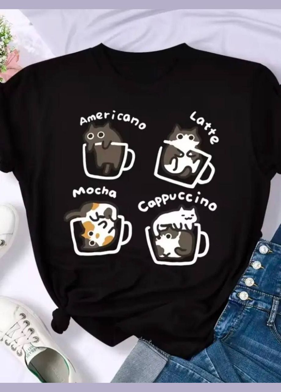 Черная принтованная футболка свободного кроя, размер 42-46, стильная и комфортная для повседневного ношения No Brand 2741-1 - (326597299)