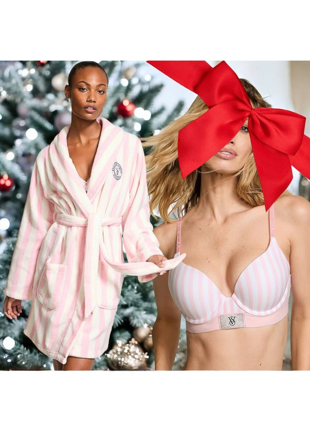 Подарочный набор Халат Short Cozy Robe Pink Stripes Logo + Бюстгальтер Shine Patch Push-Up Perfect Shape Bra Victoria's Secret (328267588)