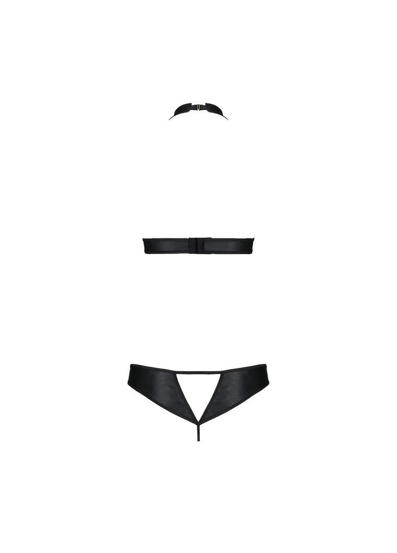 Чорний демісезонний комплект із екошкіри malwia set with open bra black, топ та трусики з люверсами - cherrylove Passion