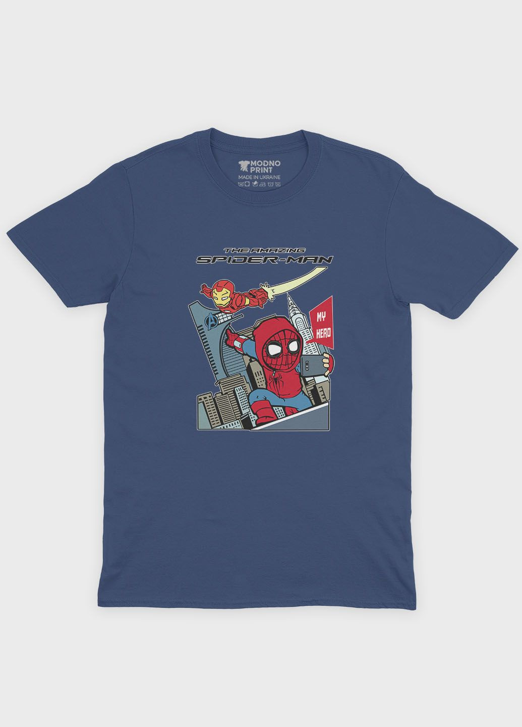 Темно-синя демісезонна футболка для хлопчика з принтом супергероя - людина-павук (ts001-1-nav-006-014-074-b) Modno