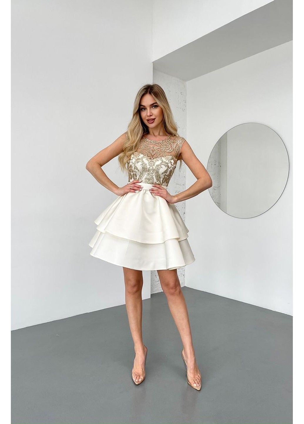 Молочное коктейльное платье мини глиттер два волана 25019 кремова Tanita-Romario