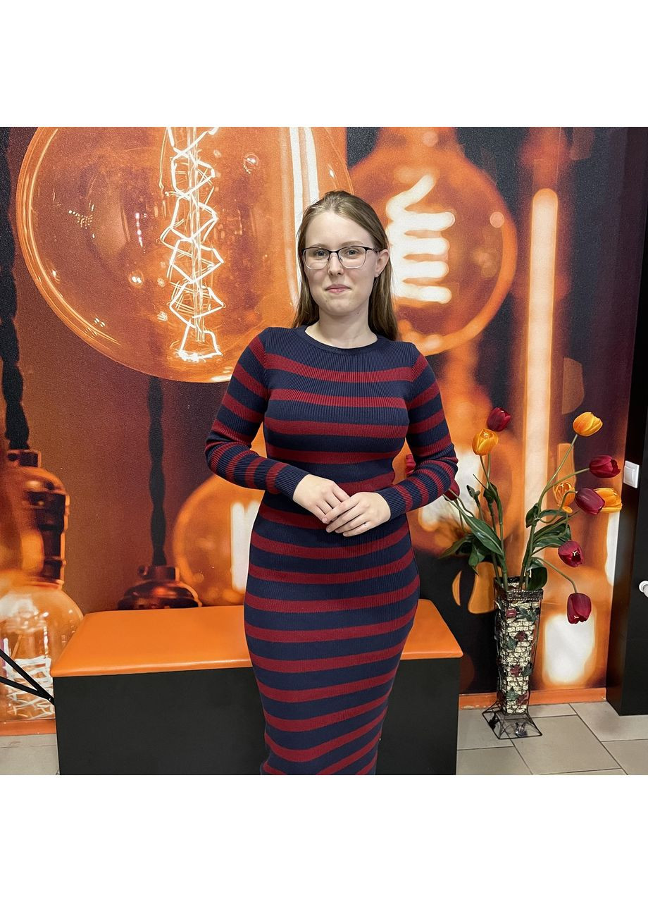 Комбинированное платье вязаное длинное полоска облегающее теплое s бордо No Brand