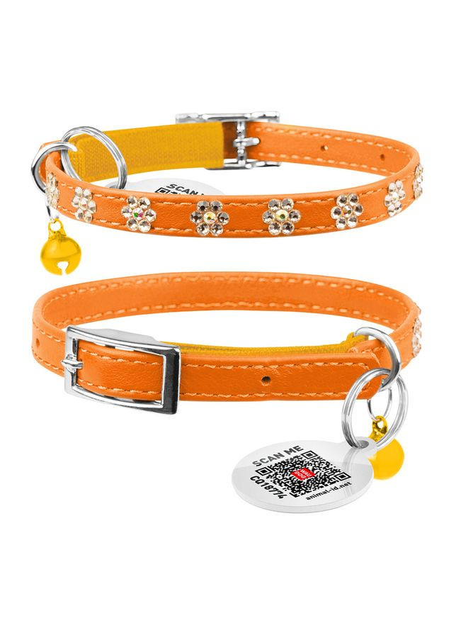 Нашийник WAUDOG Glamour з резинкою, клейовими стразами "Квітка" для котів (ширина 9мм, довжина 22-30см) помаранчевий No Brand (363200174)