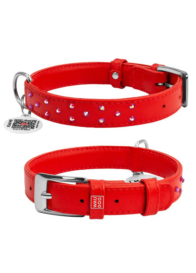Нашийник для собак шкіряний Glamour з QR паспортом, з клейовими стразами, Ш 20 мм, Дов 30-39 см червоний WAUDOG (322002589)