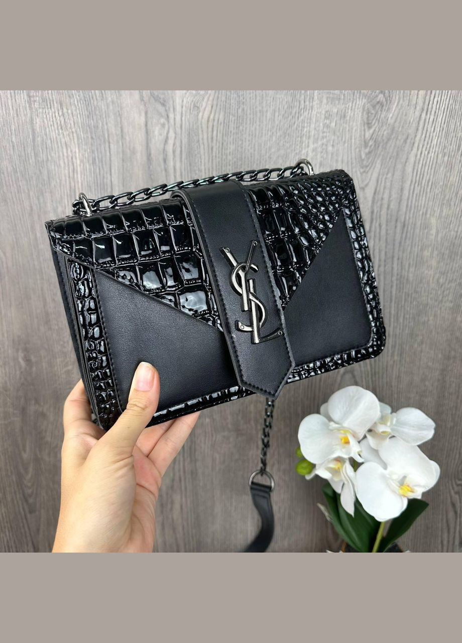 Женская мини сумочка клатч лаковая рептилия с магнитом, цепочка, черная (sku_1617) No Brand (330576168)