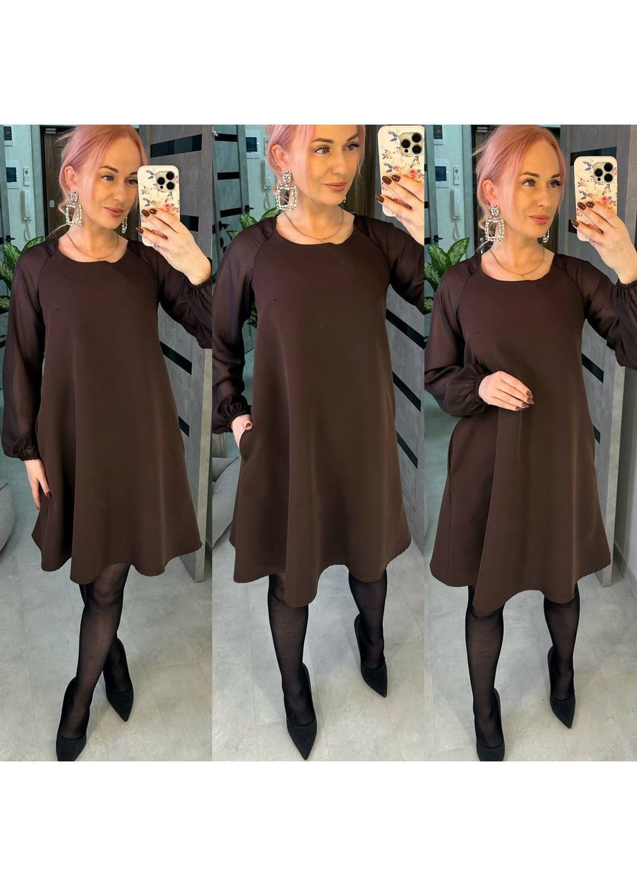 Коричнева святковий стильна сукня вільного крою кльош No Brand