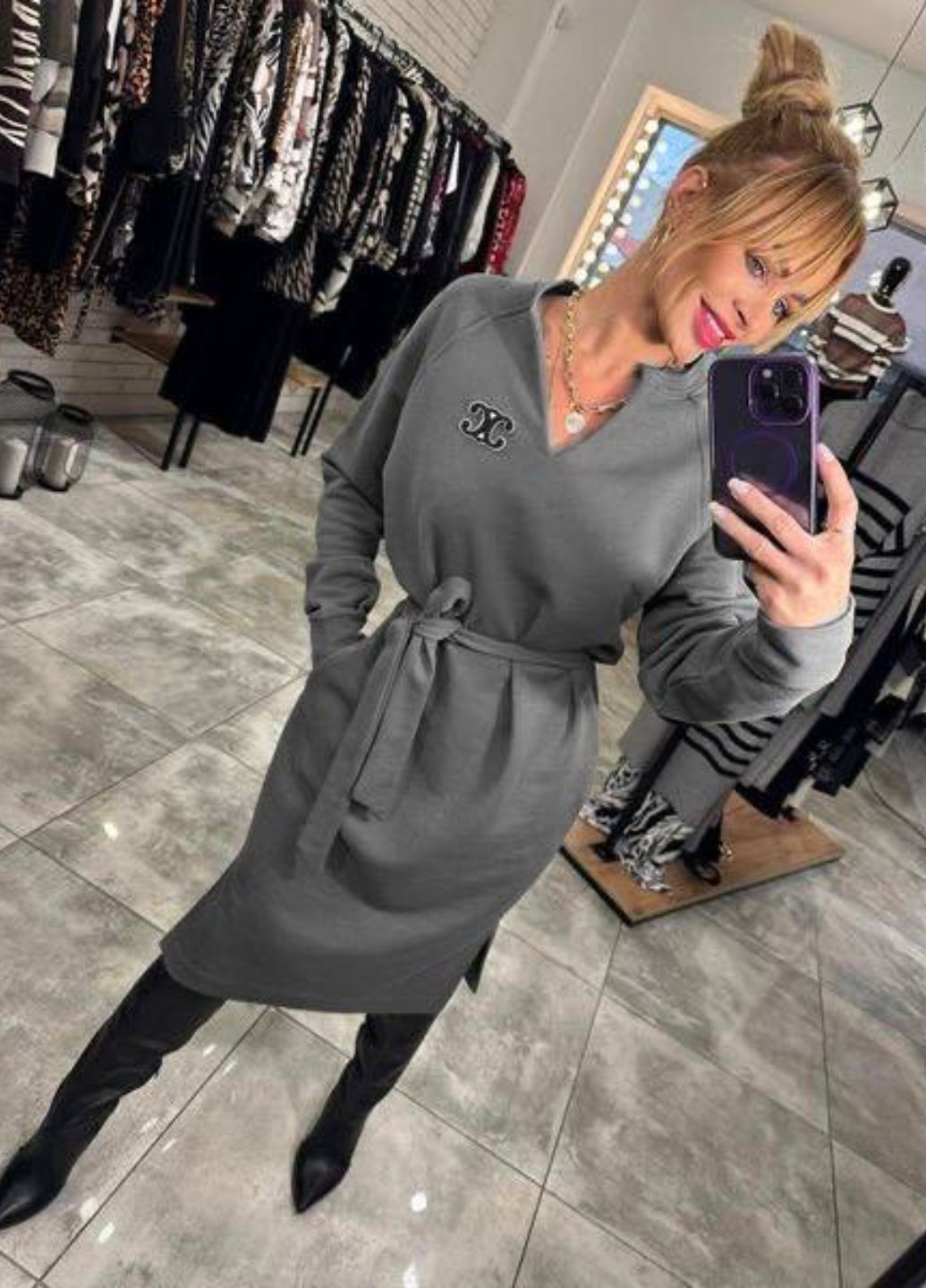 Сіра повсякденний сукня з поясом сукня-світшот Allthings однотонна