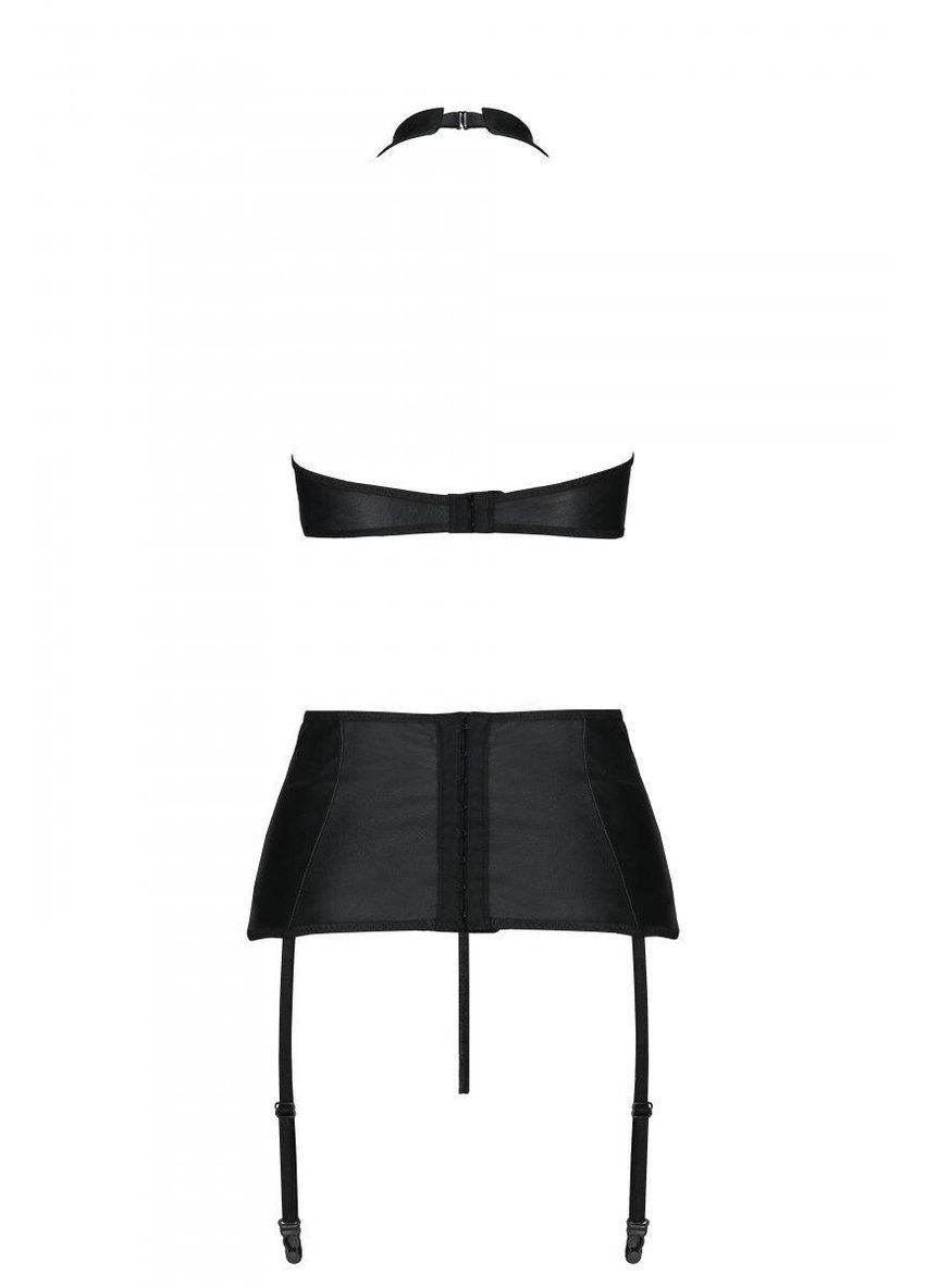 Черный демисезонный комплект из эко-кожи с имитацией шнуровки: топ, трусики и пояс для чулок nancy set black xxl/xxxl Passion