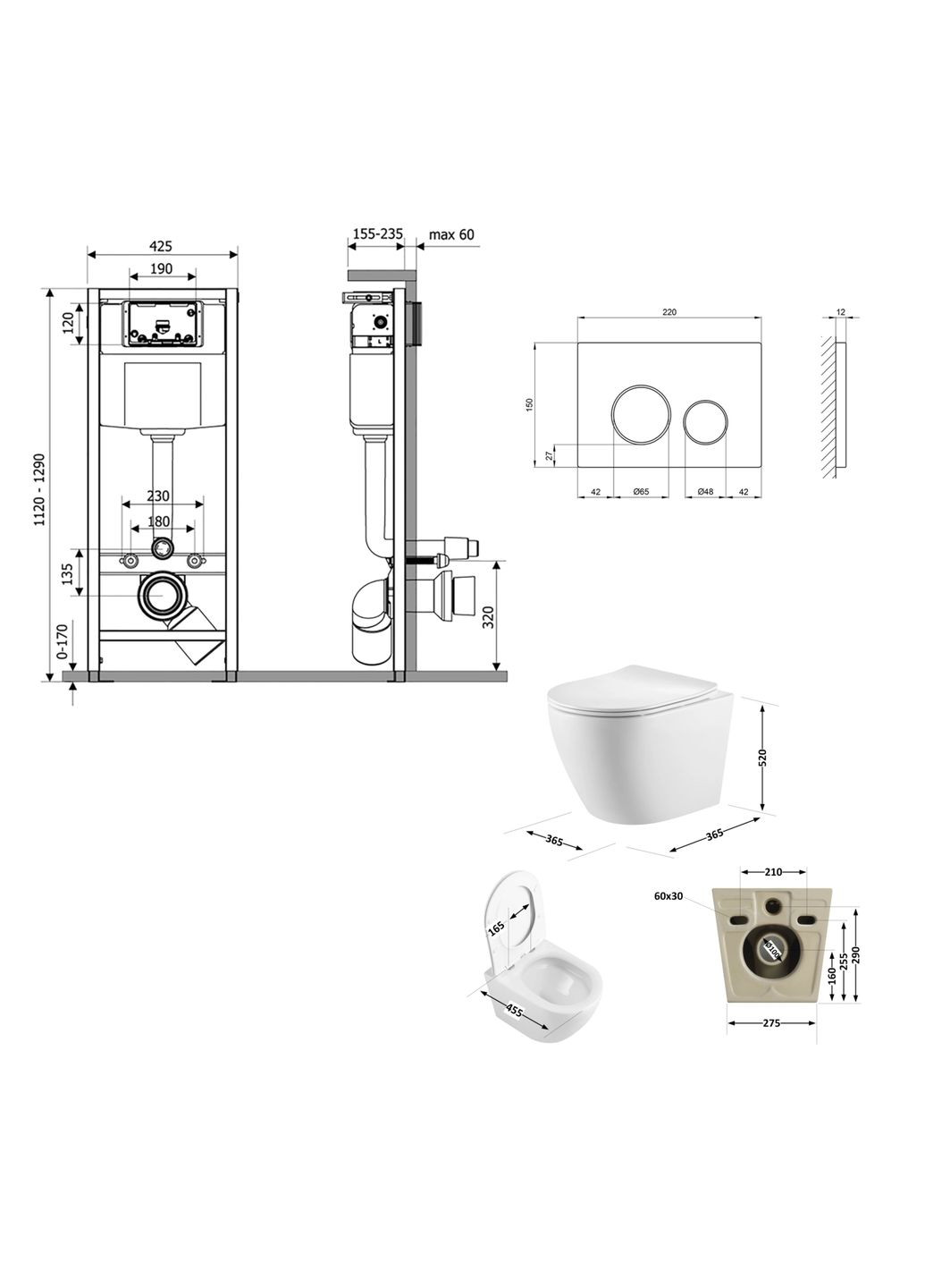 Готове рішення для ванної кімнати: підвісний унітаз Robin 520x365x365 + комплект інсталяції Nest 4 в 1 (кругла клавіша Satin) Qtap QT13332381AW47502 (337514828)