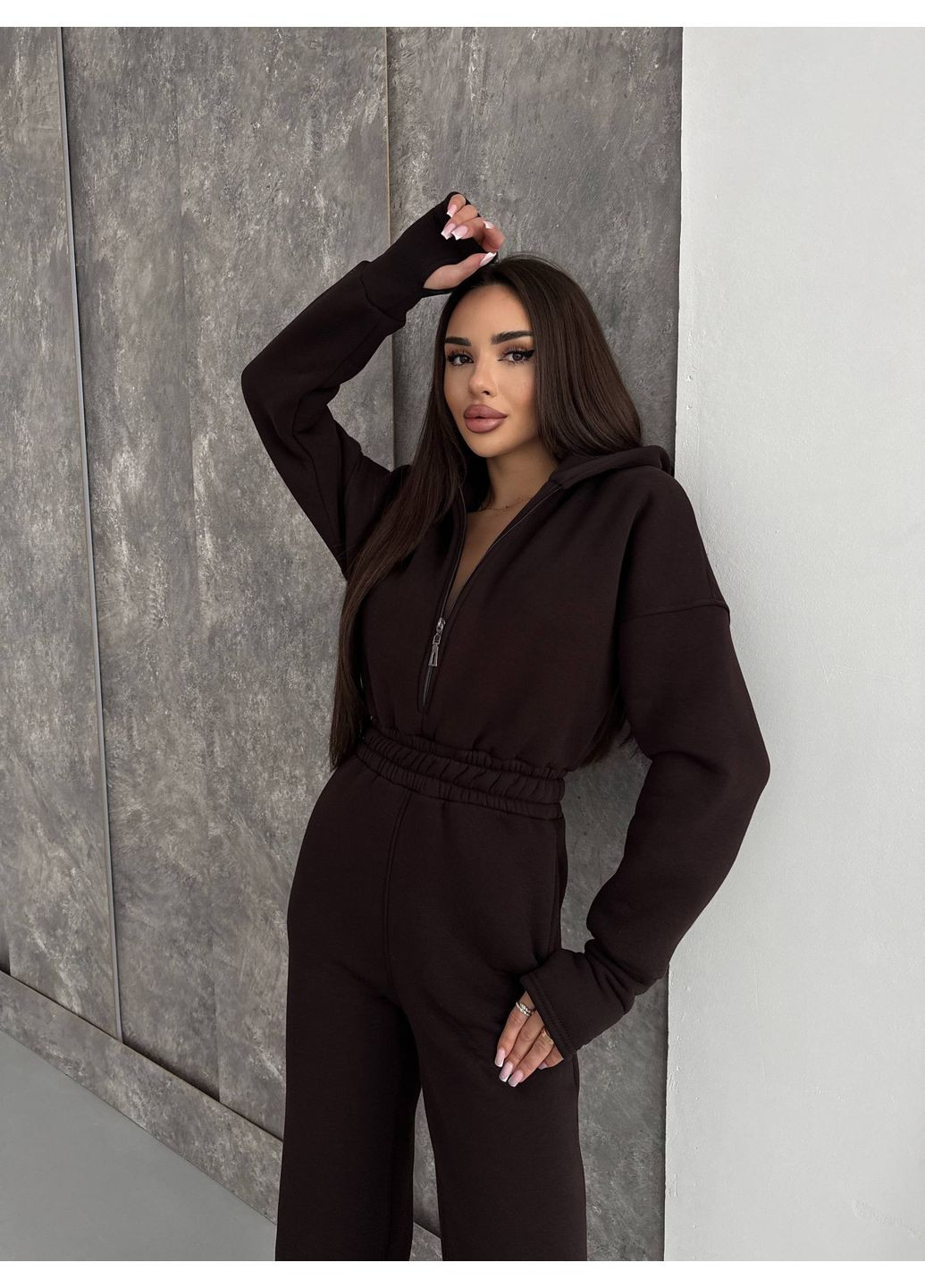 Женский комбинезон Гермес комбинезон-брюки однотонный коричневый повседневный трехнитка с начесом