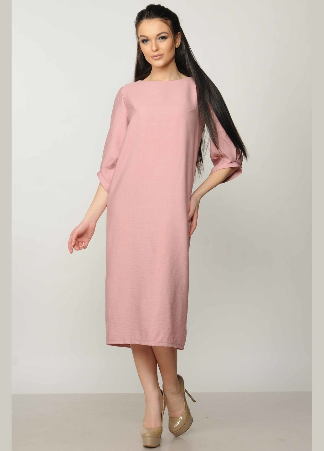Рожева повсякденний вільна сукня міді з асиметричним рукавом 3/4 і кишенями створена з штучного льону (пл 14.1-06/18) RiMari