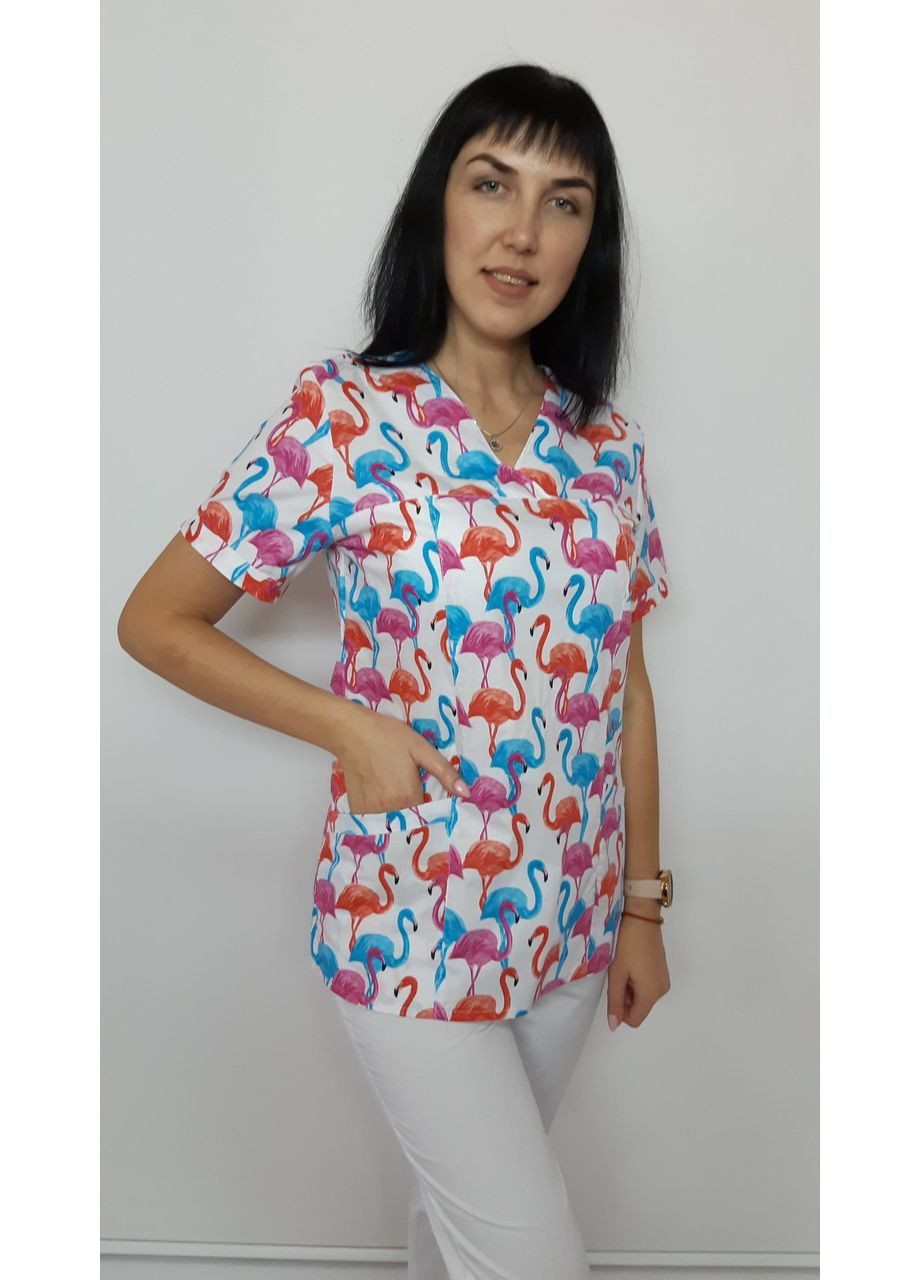 Женский медицинский костюм принт Фламинго короткий рукав No Brand (361360456)