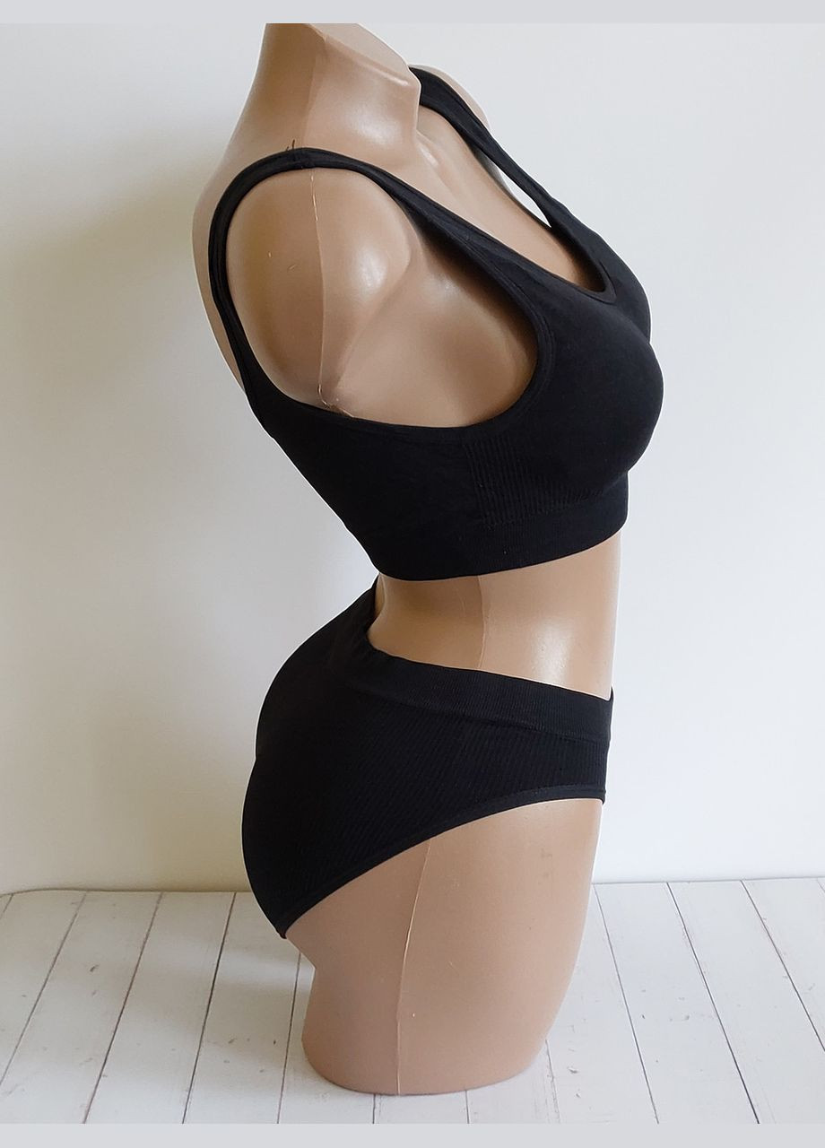 Черный демисезонный комплект белья женский в рубчик топ бюстгальтер трусы honey fashion accessories s/м бордовый (2-186) No Brand