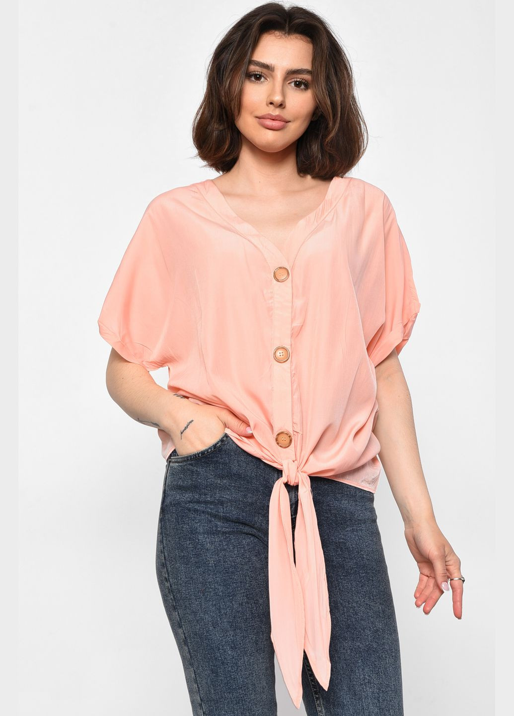 Персиковая блуза женская полубатальная с коротким рукавом персикового цвета с баской Let's Shop