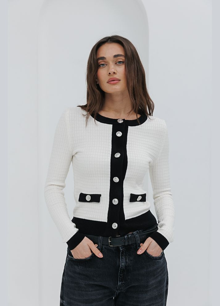 В'язаний жіночий кардиган молочний з чорною окантовкою Arjen (294906905)