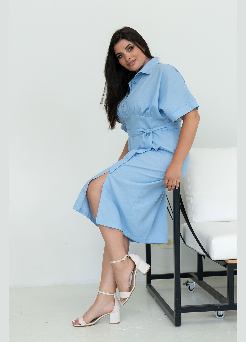 Голубое повседневный элегантное платье из льна меди длиной с воротником и манжетом (ск 1524) RiMari