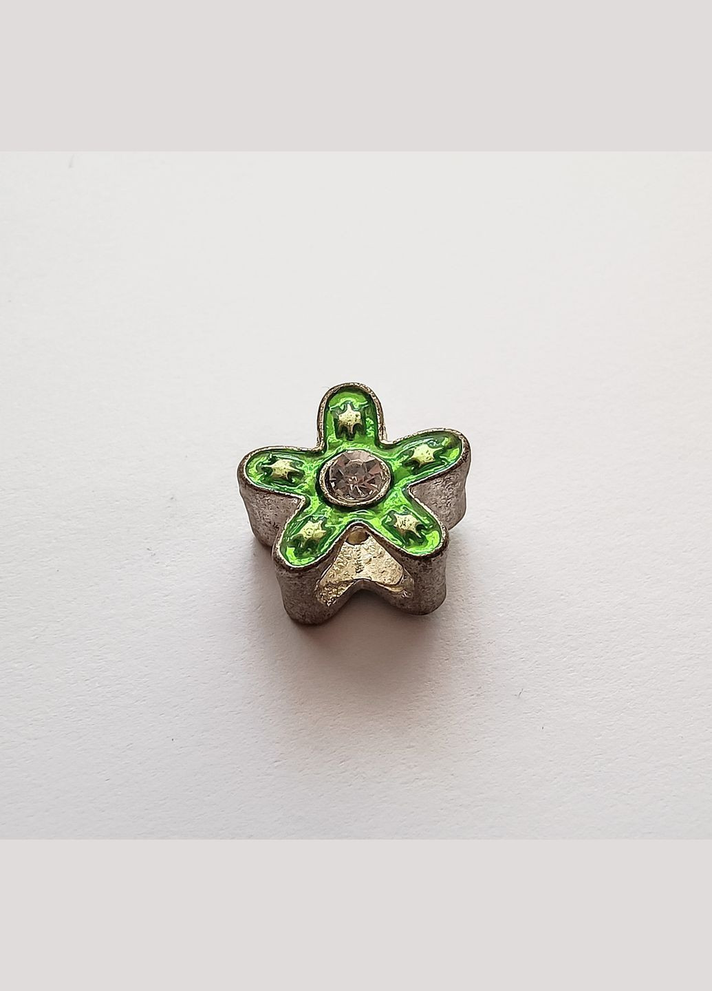 Намистина металева Пласка квітка в стилі Пандора Зістариний сріблястий зелена емаль 13 мм x 9 мм Finding (338434474)