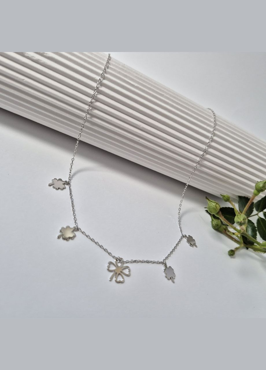 Жіноча срібна цепочка без каменів кольє з підвісками Конюшина 40 см срібло 925 проби Родоване кл2/3022 2.50г No Brand (306854736)