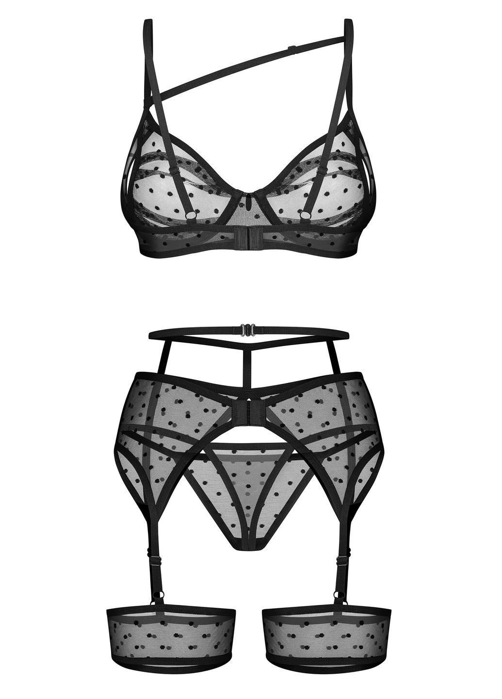 Чорний демісезонний комплект білизни прозорий з поясом nuites set Obsessive