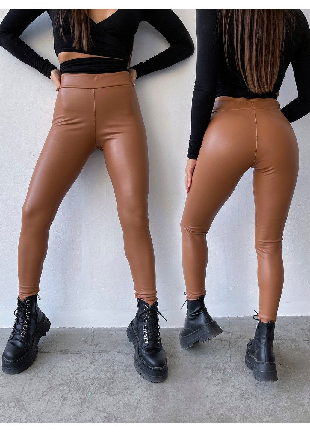 Лосины, леггинсы из экокожи на легком флисе коричневые No Brand (302898117)