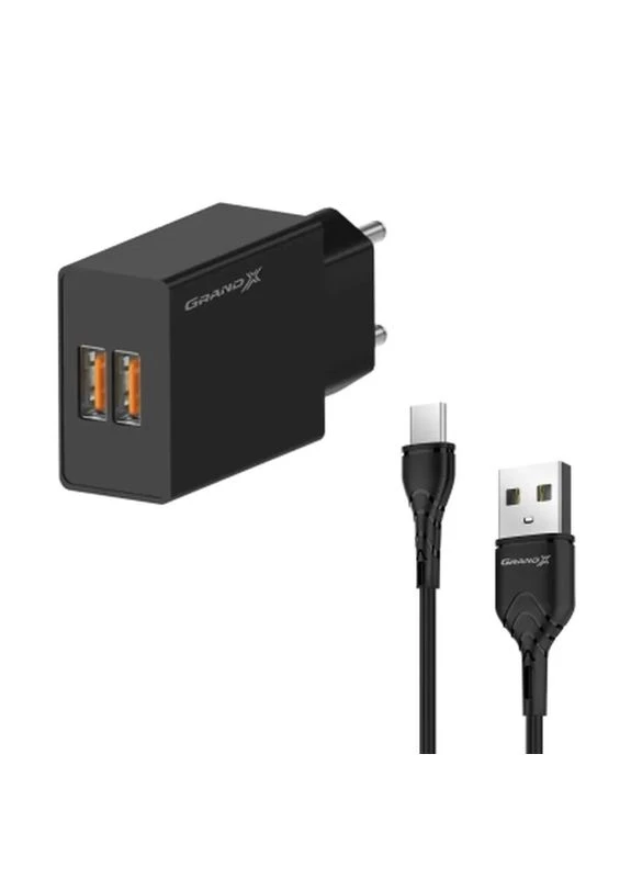 Зарядний пристрій 2xUSB 5V 2.4A + cable USB to USB-C black (CH-15T) Grand-X (399584418)