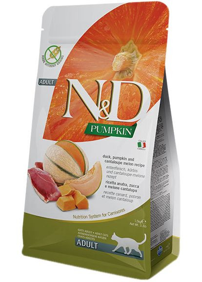 Сухий беззерновий корм для дорослих кішок Pumpkin Duck & Cantaloupe Melon з качкою та гарбузом 5 кг (8010276036131) Farmina (308752702)