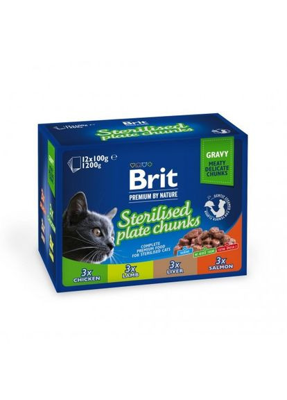 Вологий корм Premium Cat Набір паучів сімейна тарілка для стерилізованих котів, асорті 4 смаки, 100 г х 12 шт Brit (362584377)