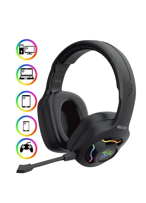 Игровые наушники Bluetooth WALKER черные накладные с RGB подсветкой 40 мм No Brand (398549689)