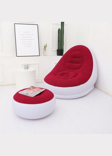 Надувний диван 2в1 з пуфиком для ніг надувні м'які меблі з флокованою накладкою Білий з червоним No Brand (348119023)