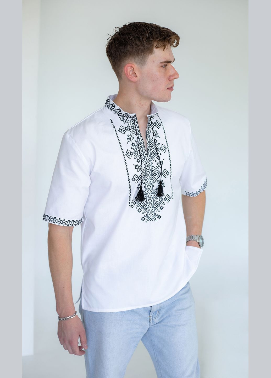 Белая мужская вышиванка vishivano4ka 3176-5к узор геометрический прямой хлопок, полиэстер (347587220)